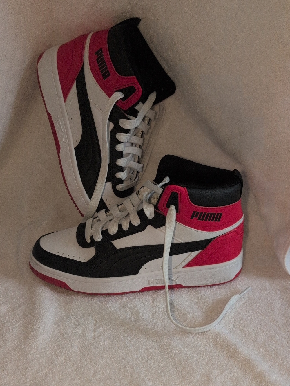 Puma High-Top Sneakers in White, Black & Pink